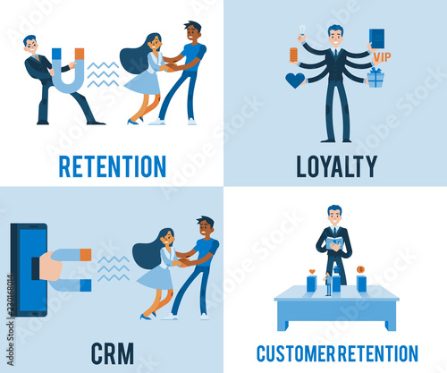 Vector customer retention and customer relations managment posters set with manager with magnet trying to attract woman client, offering special presents, discount, giving vip card, writing features.