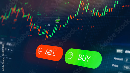 Futuristic stock exchange scene with chart, numbers and BUY and SELL options (3D illustration) photo