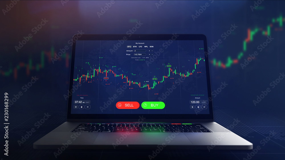 Futuristic stock exchange scene with laptop, chart, numbers and BUY and SELL options (3D illustration) Futuristic stock exchange scene with laptop, chart, numbers and BUY and SELL options (3D illustration)