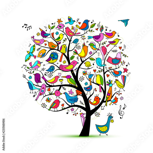 Tree with birds, sketch for your design