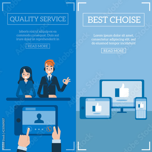 Vector hotline support poster set, online female and male assistant in headset showing okey gesture. Customer support woman, man call center, user hand making call, thumbs up in devices