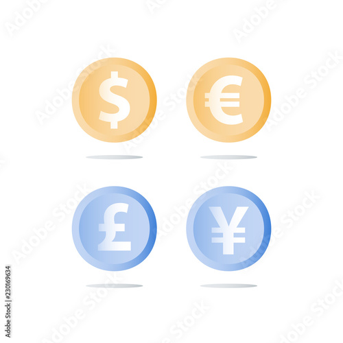 Money exchange, dollar, euro, pond and yen currency coins, cash loan, finance concept