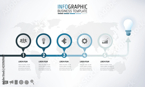 Timeline infographics template design for presentation with 5 steps start to end point with bulb, work flow or process diagram, flowchart, vector illustration