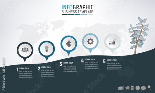 Business corporate infographic company milestone development template for presentation with mountain climbing and growing tree success concept with 5 options, steps, processes. Vector illustration.
