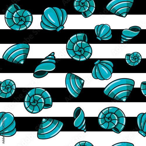 Ocean seamless pattern with colorful seashells on black and white stripes background. vector illustration