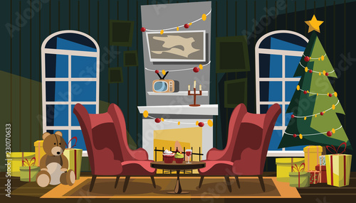 living room in Christmas Day vector illustration 