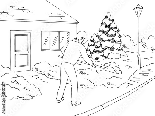 Man shoveling snow winter street graphic black white landscape sketch illustration vector