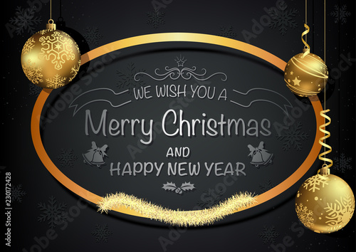 Dark Christmas Greeting Card with Golden Decoration - Black Background with Hanging Gold Baubles and Gold Elliptical Frame, Vector Illustration