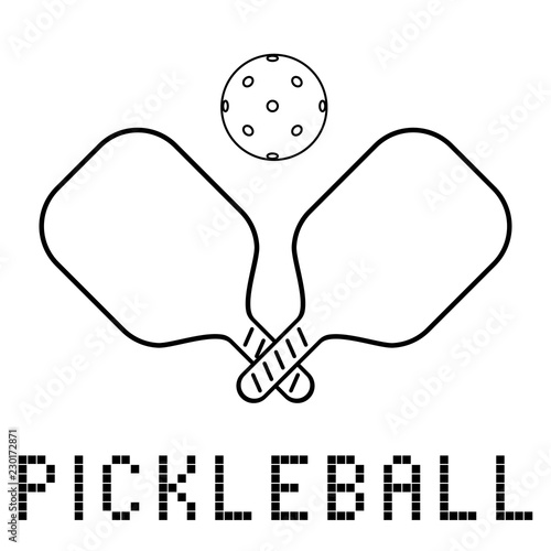 rackets or paddles and ball for pickleball game in black color. flat line silhouette icon, logo or label clipart. stock vector illustration