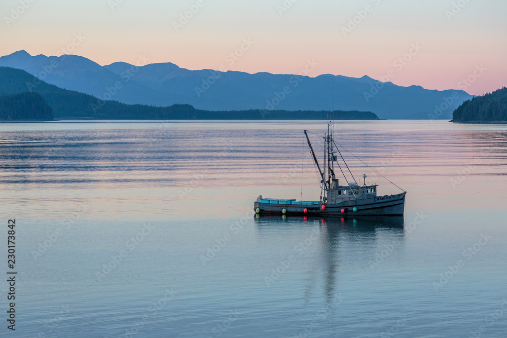Boat in Juneau Harbor in Sunrise. Juneau Alaska