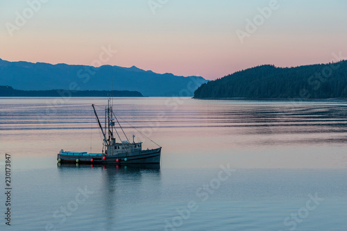 Boat in Juneau Harbor in Sunrise. Juneau Alaska