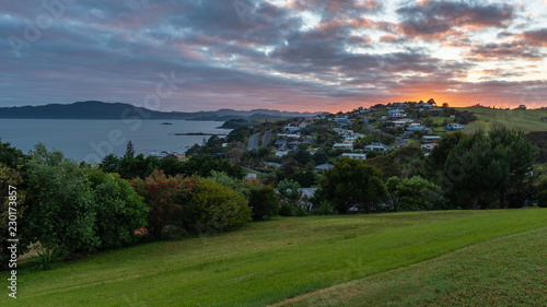 Panoramic view of Cable Bay at sunrise and Mangonui in New Zealand