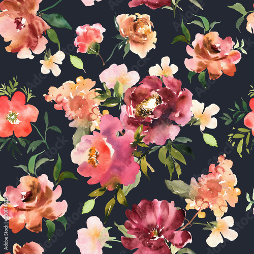 Watercolor floral seamless pattern with colorful hand drawn flow