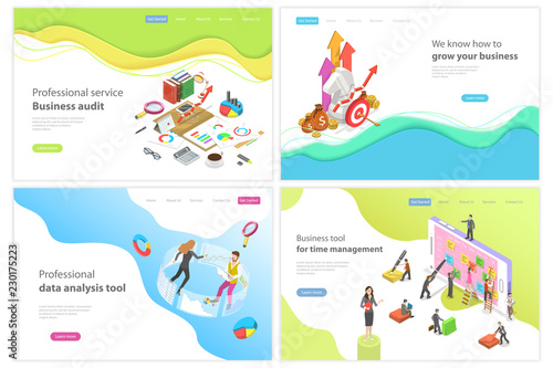 Isometric flat vector landing page for professional business audit service, financial growth, data analysis tool, time management.