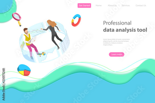 Flat isometric vector landing page template for data analysis, web analytics, SEO audit report, marketing strategy.