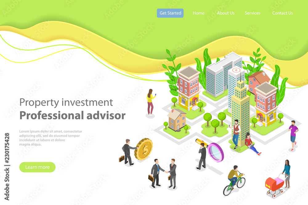 Isometric flat vector landing page template. Investment in property, real estate deal, mortgage.