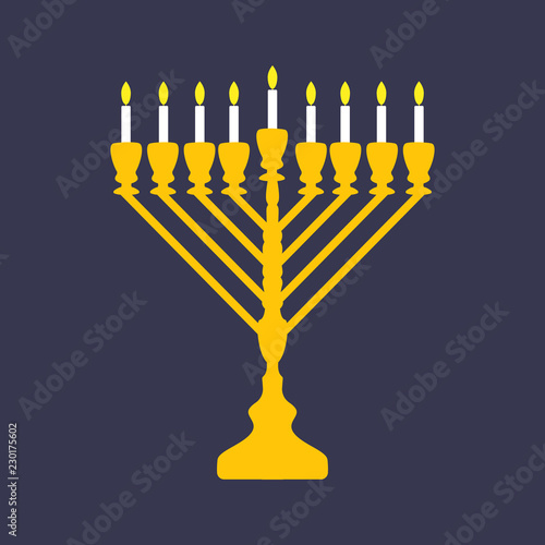 Traditional menorah for the Jewish Hanukkah festival, on purple background. Vector illustration. Usable for design, invitation, banner, background, poster. Happy Hanukkah lettering.