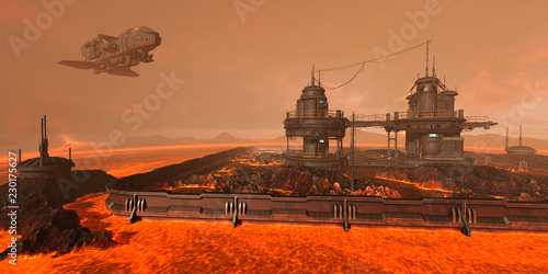 Fototapeta Naklejka Na Ścianę i Meble -  3D Illustration of a futuristic base on an alien planet