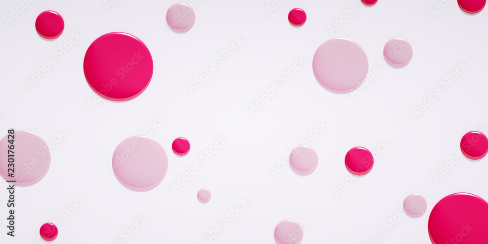 Beauty makeup and nail design banner pastel pink and lipstick round swatches color, nail polish drops pattern, 3d rendering