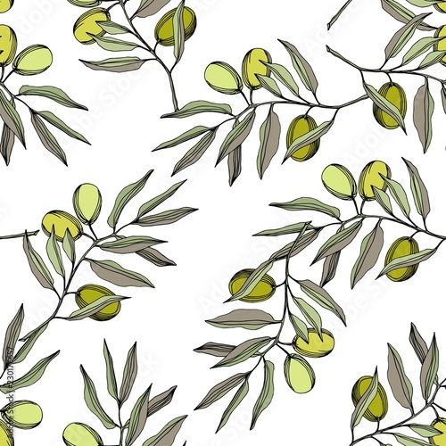 Olive tree in a vector style isolated. Green engraved ink art. Seamless background pattern. Fabric wallpaper print texture. Vector olive tree for background, texture, wrapper pattern, frame or border.