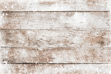 Christmas background - Old white wood texture with snow. top view, border frame design. vintage and rustic style