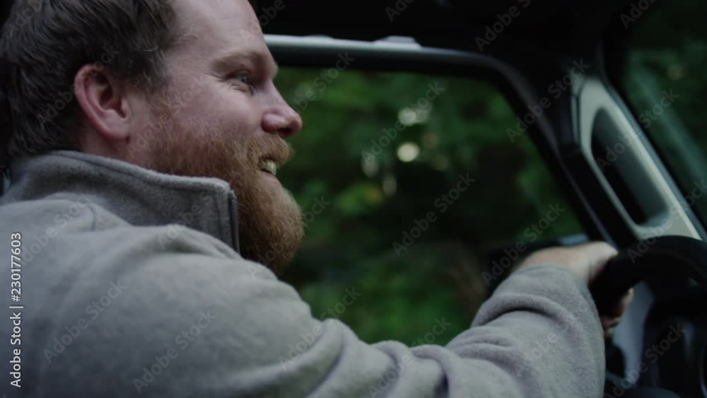 Profile Of Happy Man Driving In Countryside, Slow Motion Profile Of Happy Man Driving In Countryside, Slow Motion