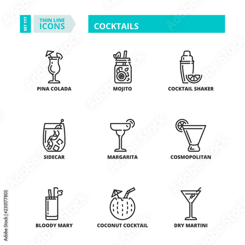 Thin line icons. Drinks. Cocktails