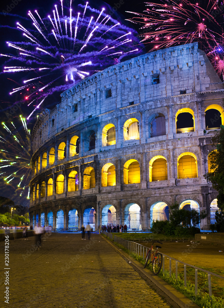 Naklejka premium Celebratory fireworks over Collosseo. Italy. Rome..
