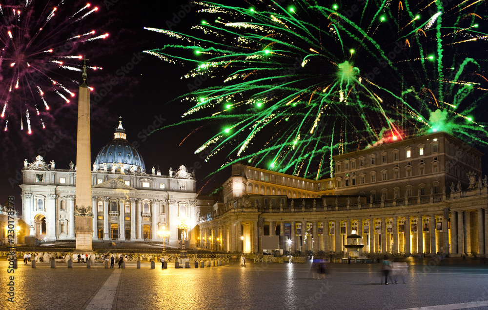 Vatican. Celebratory fireworks over a St Peter's Square. Rome. Italy.