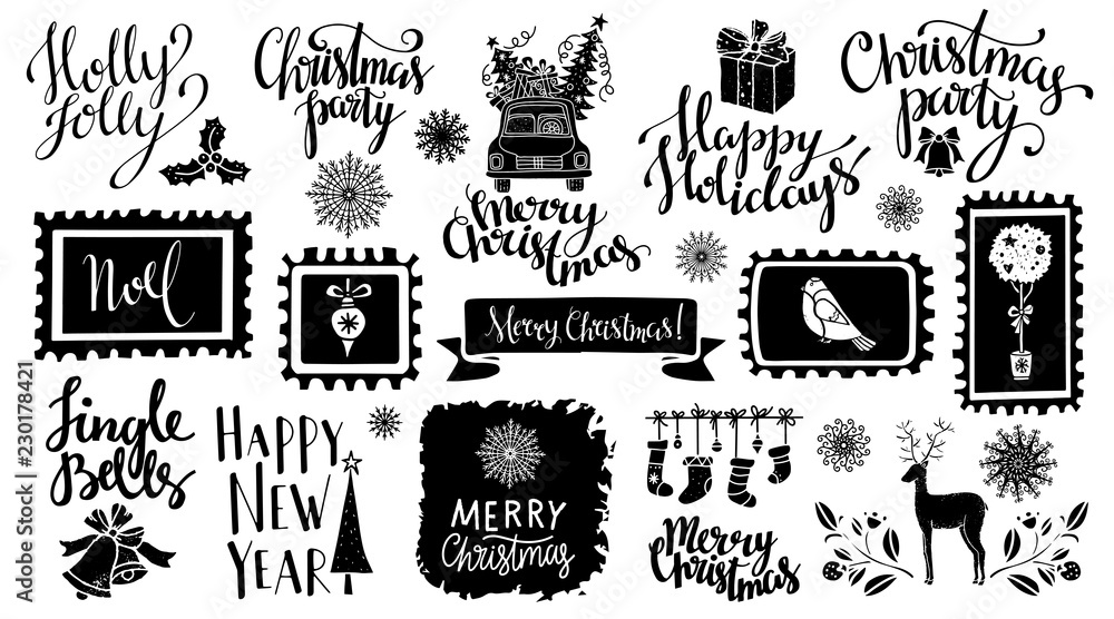 Christmas and New year icons. Hand written font Christmas and New year icons. Hand written font