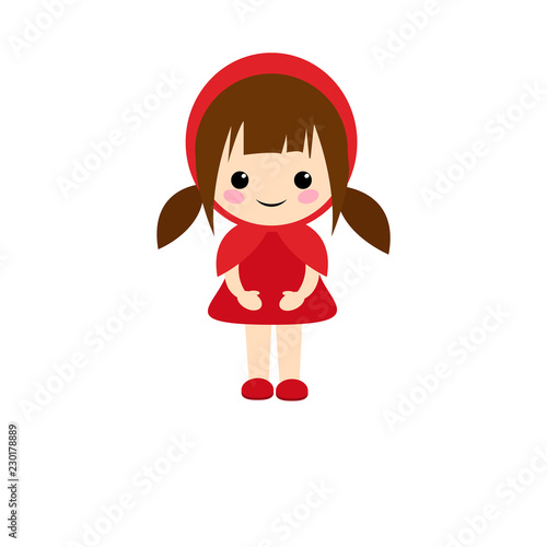 Simple kawaii vector of Little Red Riding Hood standing with her red dress and dark brown hair with two pigtails.
