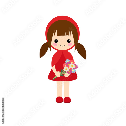 Simple vector of little red riding hood with pigtails and a bouquet of flowers of different colors.