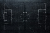 Football or soccer field isolated on blackboard texture with chalk rubbed background from top view. Sport infographics element