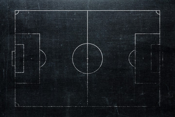 Football or soccer field isolated on blackboard texture with chalk rubbed background from top view. Sport infographics element