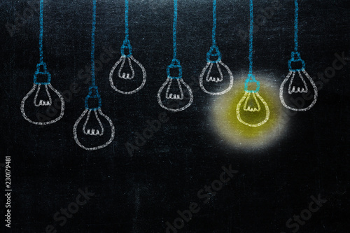 Hand drawing with bulb light idea. concept of big ideas inspiration innovation, invention, effective thinking.