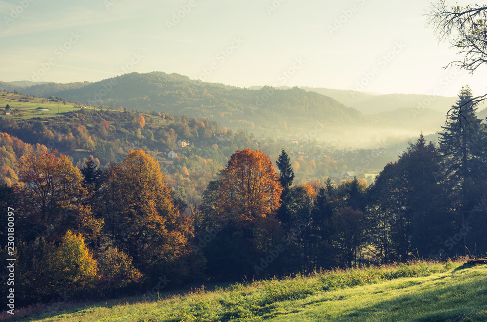 Morning autumn mountains panorama, Beskidy mountains, Poland