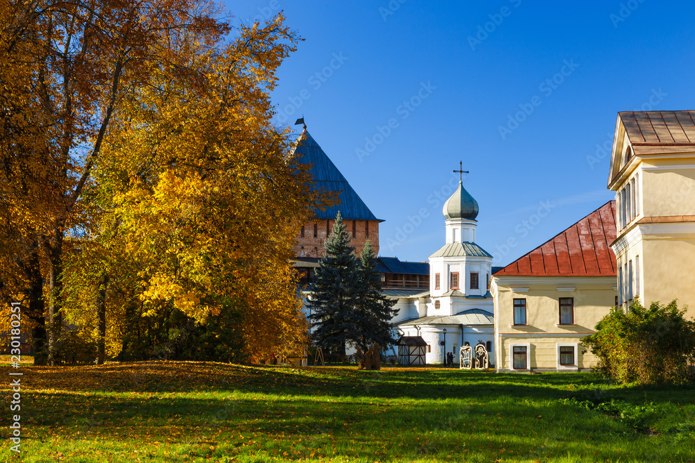 Autumn picturesque Kremlin park, Veliky Novgorod, Russia. 