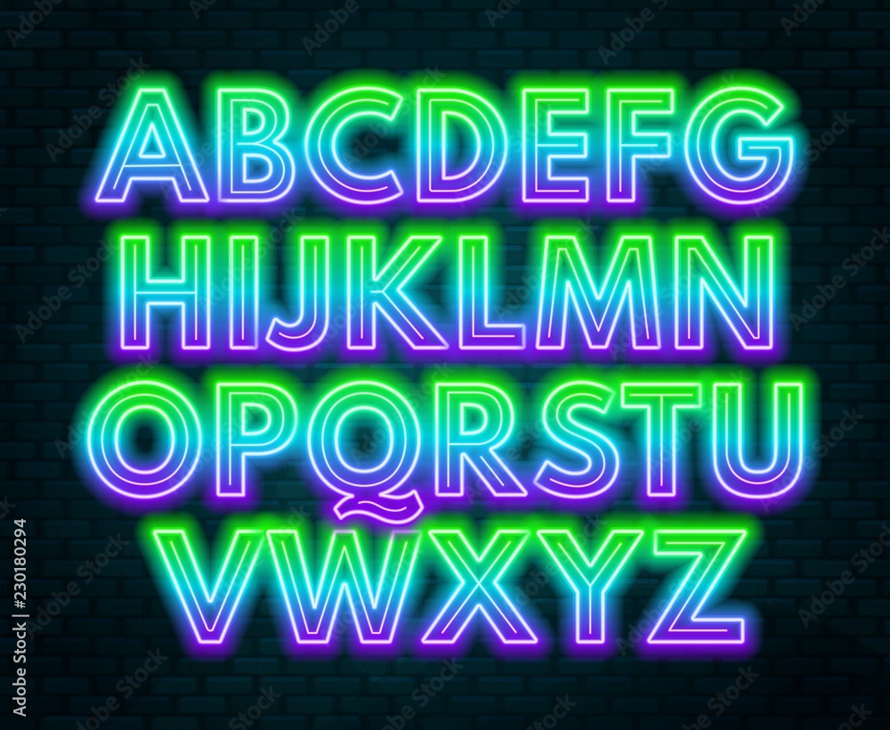 Green purple gradient neon alphabet on a dark background . Bright font for decoration.Capital letter. Green purple gradient neon alphabet on a dark background . Bright font for decoration.Capital letter.
