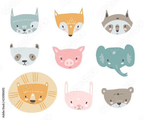 Fototapeta Naklejka Na Ścianę i Meble -  Vector collection with tiny animal faces. Emoji. Cat, fox, racco