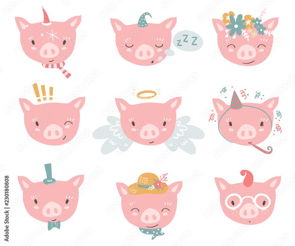 Vector collection with piglet faces. Emoji. Sleeping, angel, fou Vector collection with piglet faces. Emoji. Sleeping, angel, fou