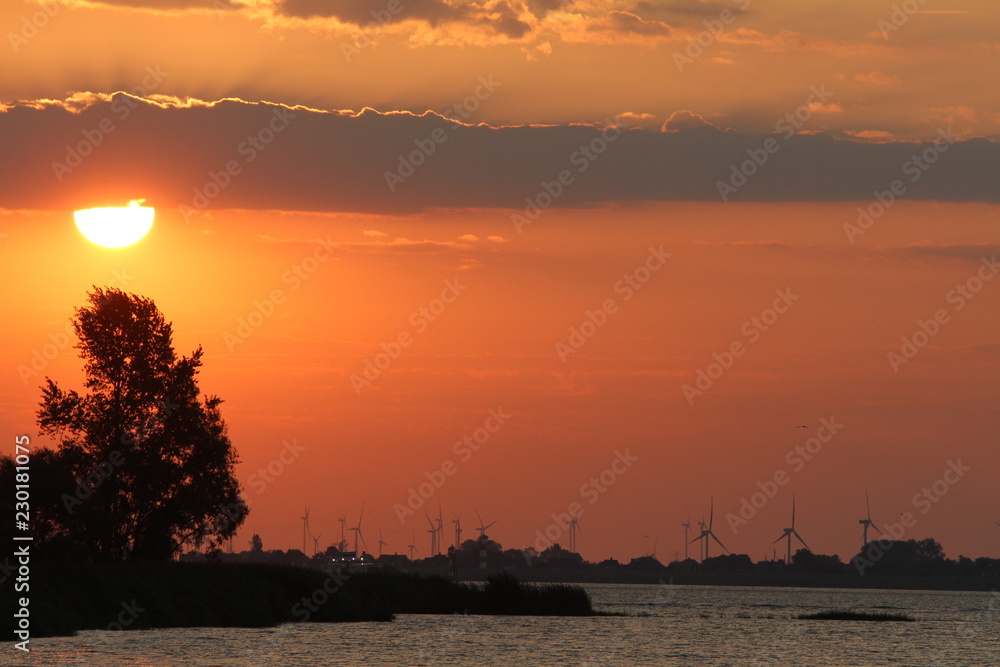 Fototapeta premium Erneuerbare Energien - Windpark an der Elbe im Sonnenaufgang