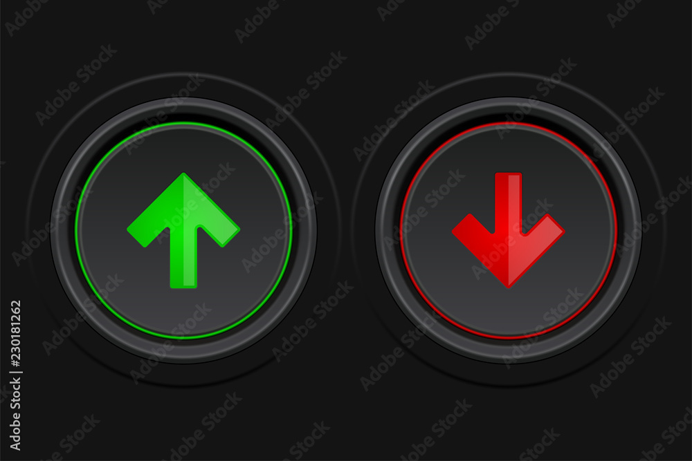 Black round buttons. Green and red arrows as Up and Down symbols Black round buttons. Green and red arrows as Up and Down symbols