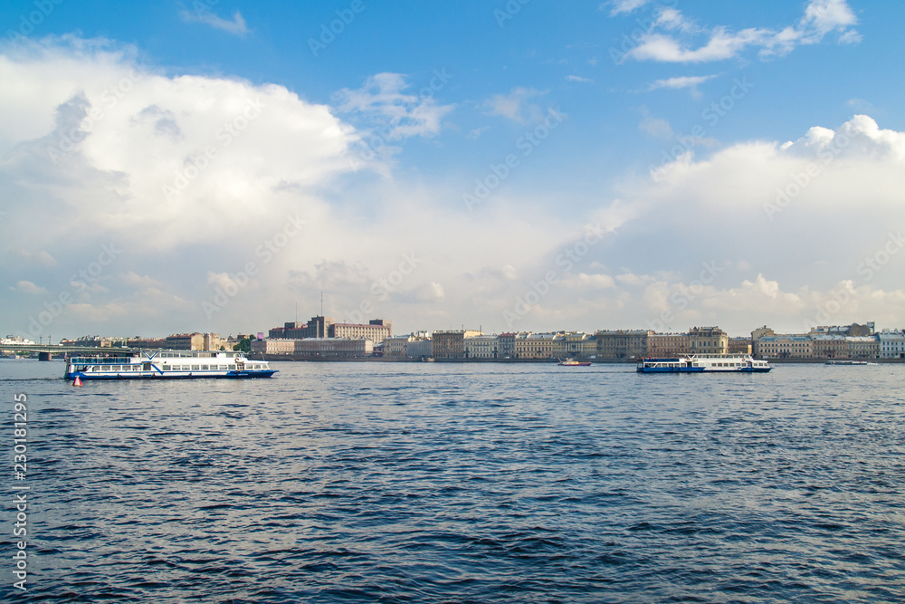Pleasure boat on the Neva River in the city of St. Petersburg