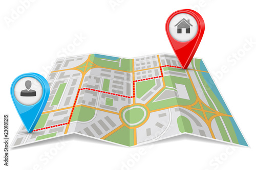 Abstract city map paper folded with destination route