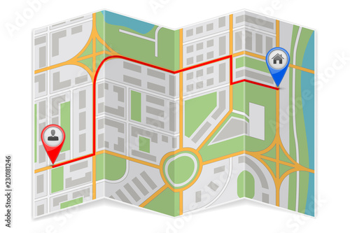Abstract city map paper folded with destination route