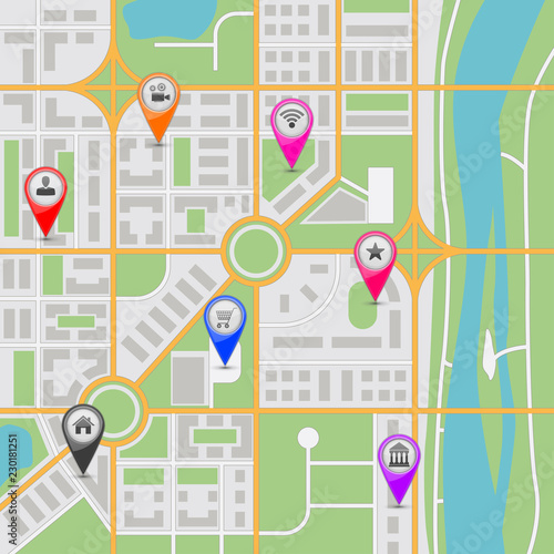 City map with popular location markers