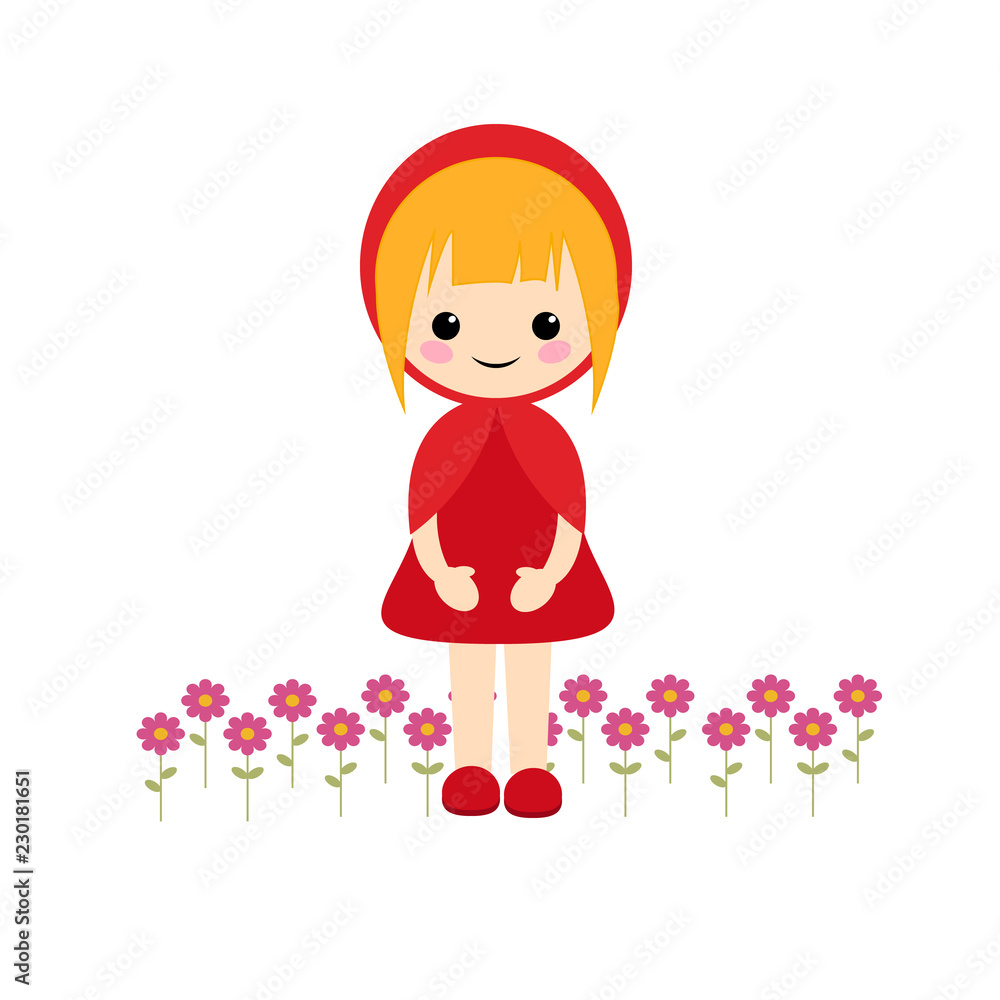 Simple vector of little red riding hood with blond short hair and flowers on her feet. Simple vector of little red riding hood with blond short hair and flowers on her feet.
