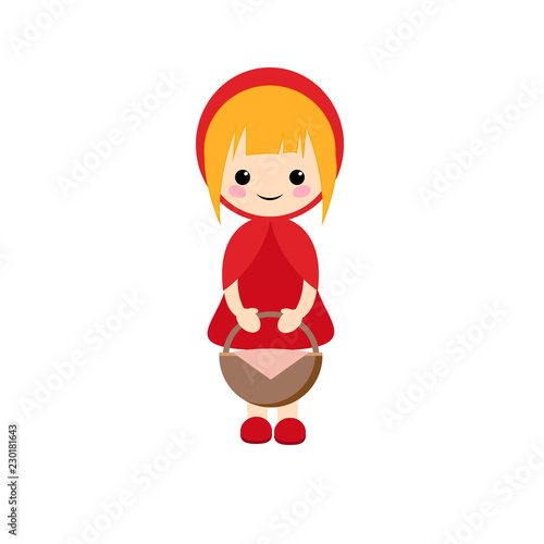 Simple vector of little red riding hood with blond short hair and a basket of picnic in hands.