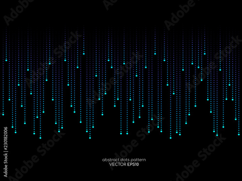 Dots lines dropping in light blue and green colors on black background in concept technology, music, digital, ai, science.