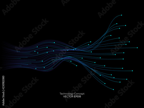 Vector abstract dots lines light blue and green colors on black background in concept technology, communication, digital, ai, science.